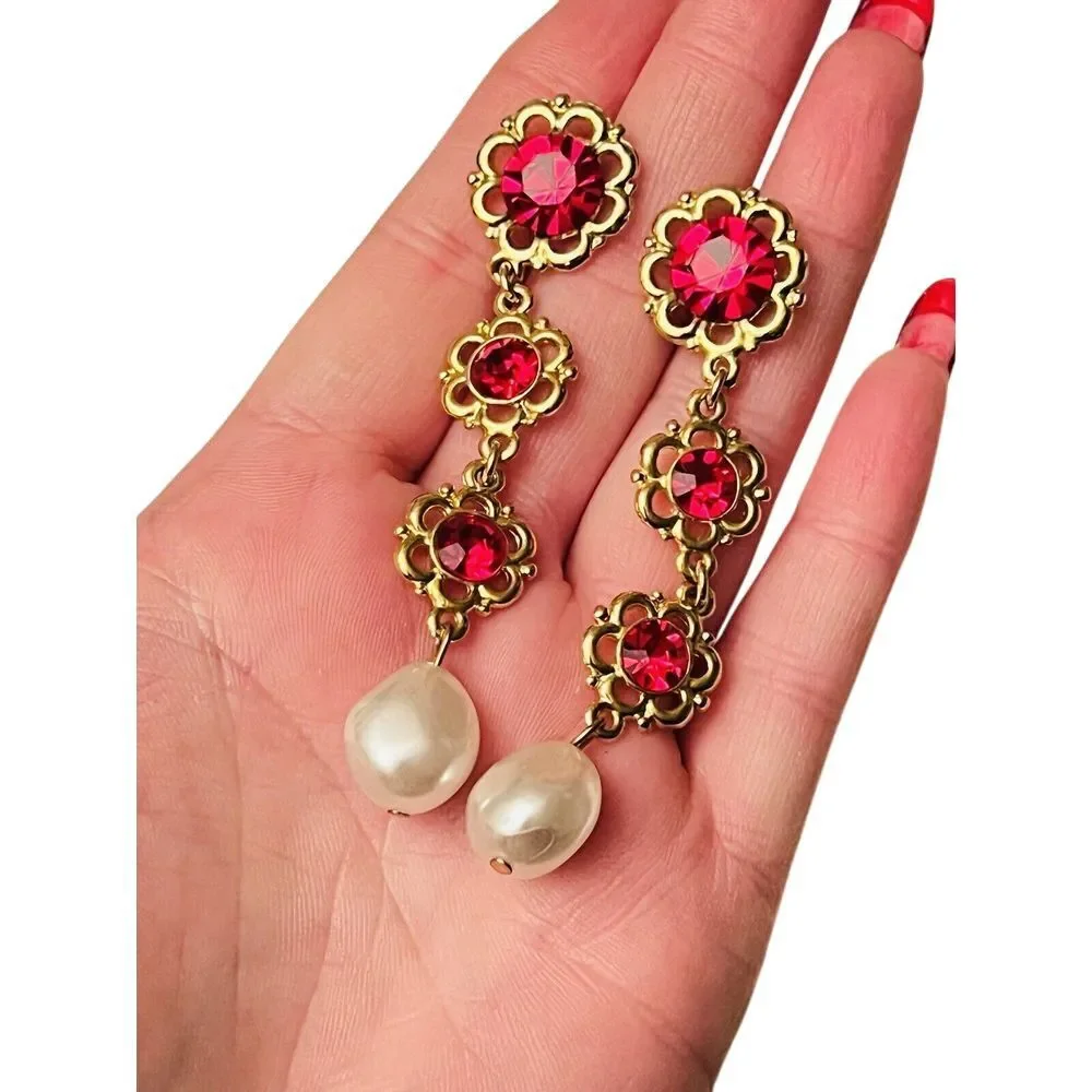 Earrings VTG Gold‎ Pierced Statement Dangle Baroque Pearl Red Crystal Rhinestone